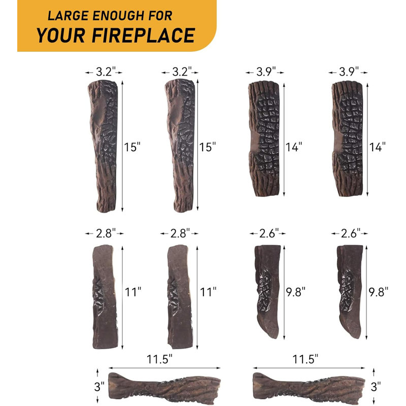 Bûches pour foyer au gaz, grand ensemble de foyers d'extérieur 10 pièces, bois de chauffage décoratif en céramique pour l'intérieur et l'extérieur
