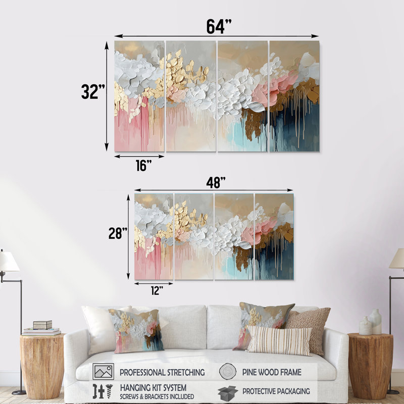 «White and Gold Brushstroke Abstract Paint III», ensemble de salon d'art mural à collage abstrait, H 32 po x l 64 po