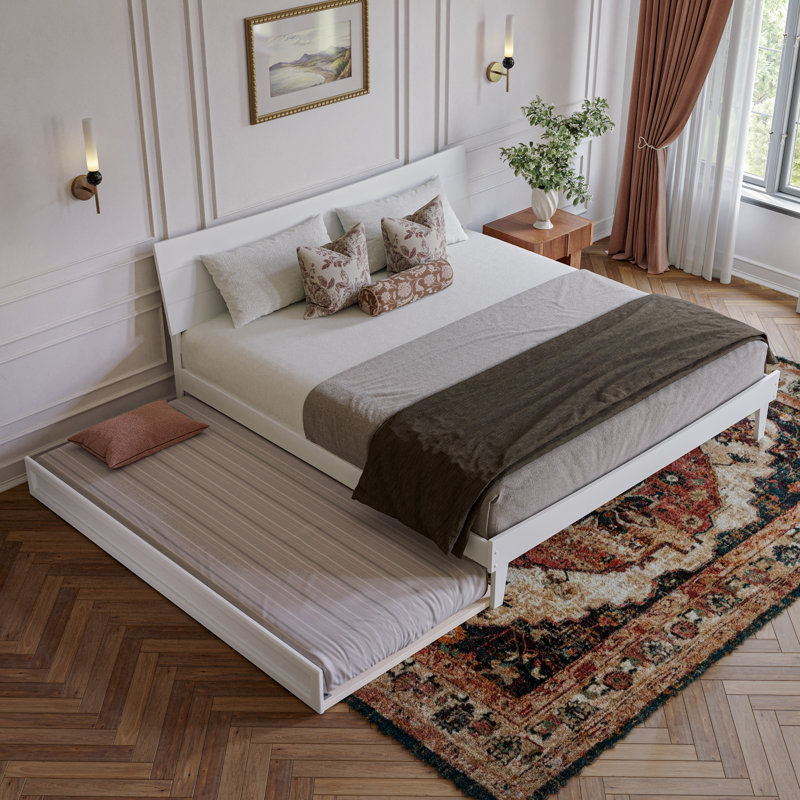 Phoenix Wood Platform Bed with Trundle, White, King