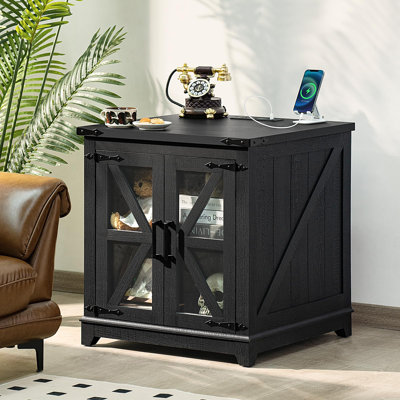 Table d'appoint de style champêtre en bois avec porte de grange en verre et station de recharge