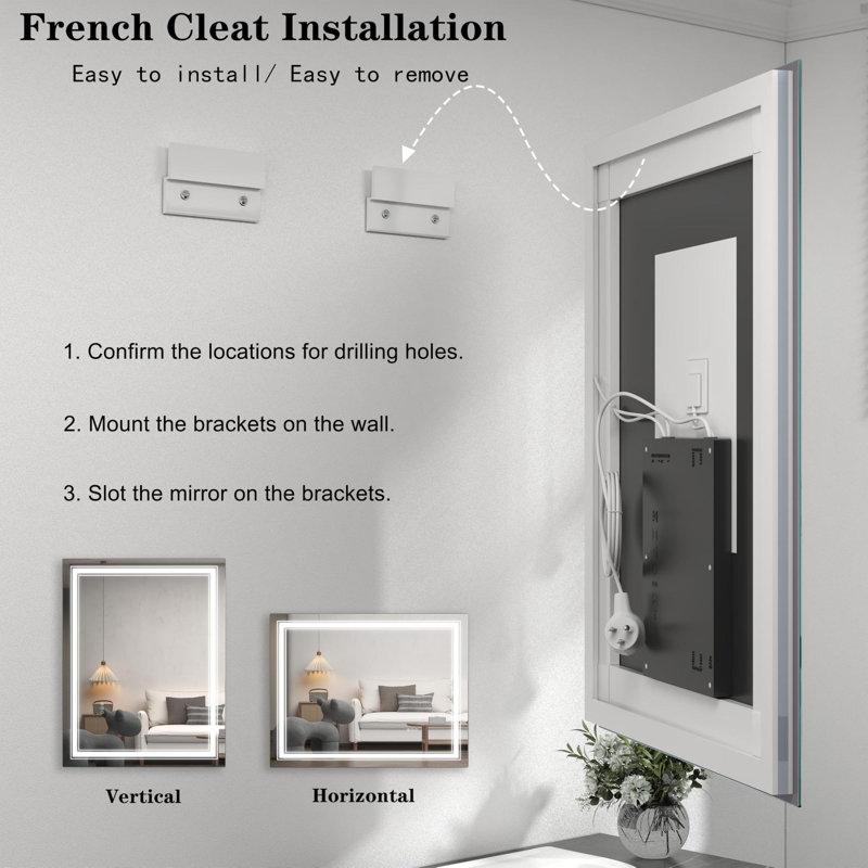 Miroir de salle de bain sans cadre à DEL, miroir intelligent, 24 po x 36 po, Rectangulaire, Verticale