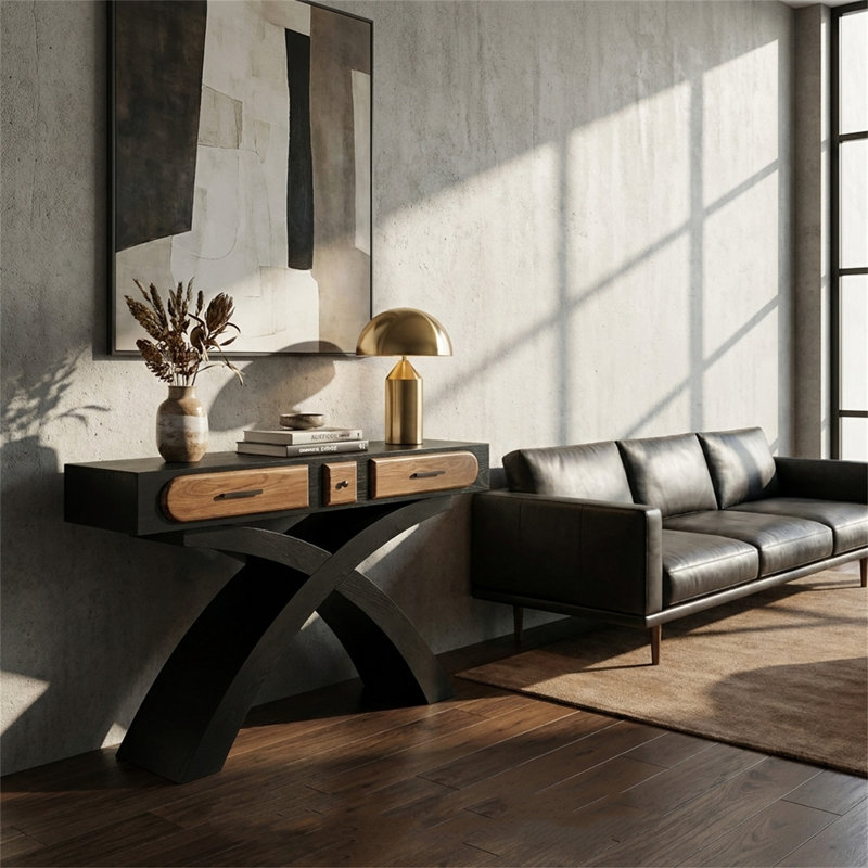 Console à pieds croisés, avec deux tiroirs à poignées, style Mid-Century moderne, table de couloir en panneau de fibres à densité moyenne, console en placage de bois de frêne