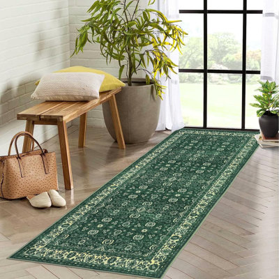 Non-Slip Washable Kitchen & Hallway Runner Rug, Low Pile Vintage Floral, Stain Resistant