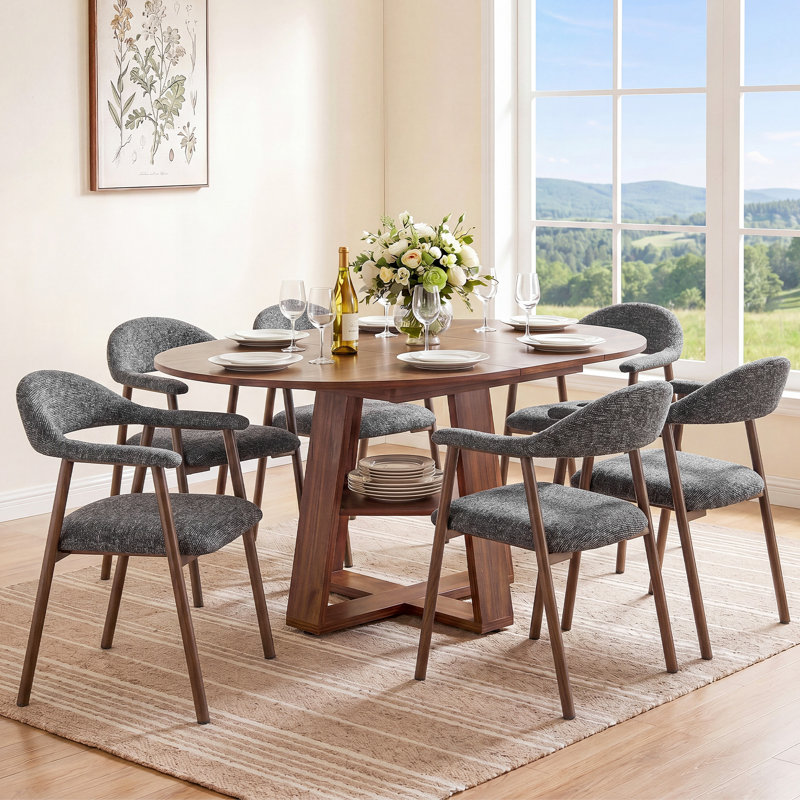 Colne Round Extendable Modern Kitchen Dining Table Set With 32.3"H Dining Chair, 7 pièces : table, 6 chaises, Brun, Grey