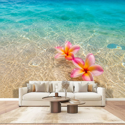 Décoration murale rose auto-adhésive flottante à motif de fleurs de plumeria flottantes transparentes pour plage, L 100 po x l 144 po