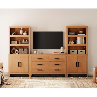 Eaton Entertainment Center With Bookshelves, 4-Piece Modular TV Stand For 75 Inch TV, Farmhouse Media Console With Adjustable Shelves And 6 Storage Drawers For Living Room, Bedroom, Brown