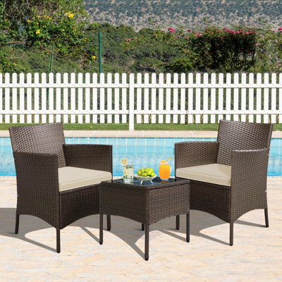 Patio Dining Chair Set of 2 Stackable Rattan Outdoor Seating, Dark Coffee Wicker Armchairs with Cream Cushions & Non-Slip Feet, Backyard Garden Furniture for Lawn, Deck & Balcony