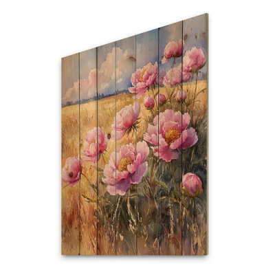 Pivoines dans le champ d'été III - Art mural en bois pivoines - sur bois de pin naturel