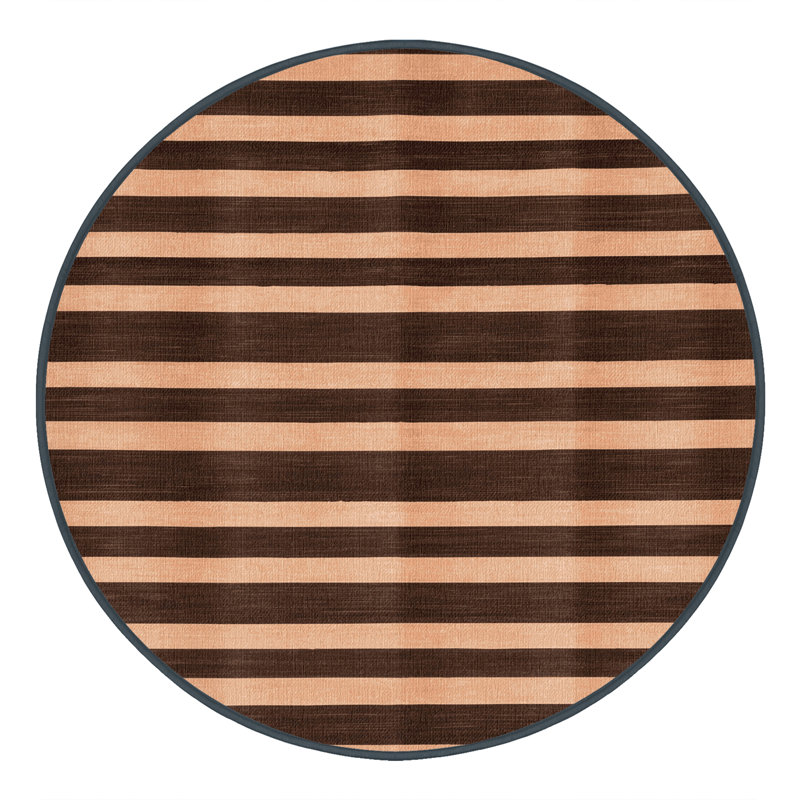 Machine Washable Horizontal Stripes Black Area Rug, Round 8'