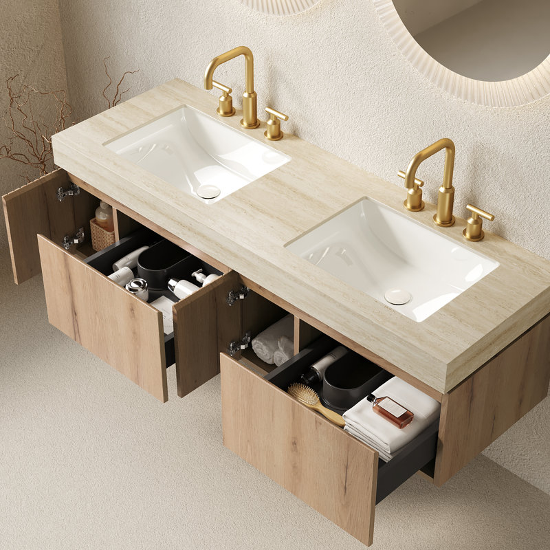 Meuble-lavabo suspendu double de 60 po avec comptoir en pierre frittée et tiroirs en bois cannelé, armoire, préassemblé