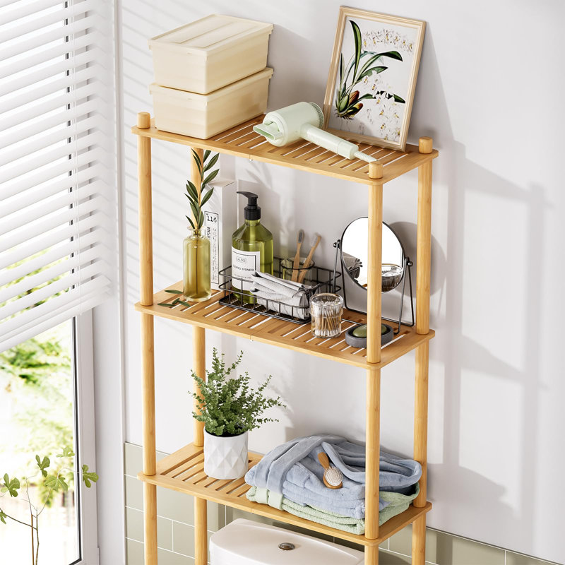 Tablette de rangement en bambou au-dessus de la toilette - Organisateur de salle de bain autoportant à 3 niveaux, tablette compacte pour la toilette au-dessus, imperméable et antirouille, couleur naturelle