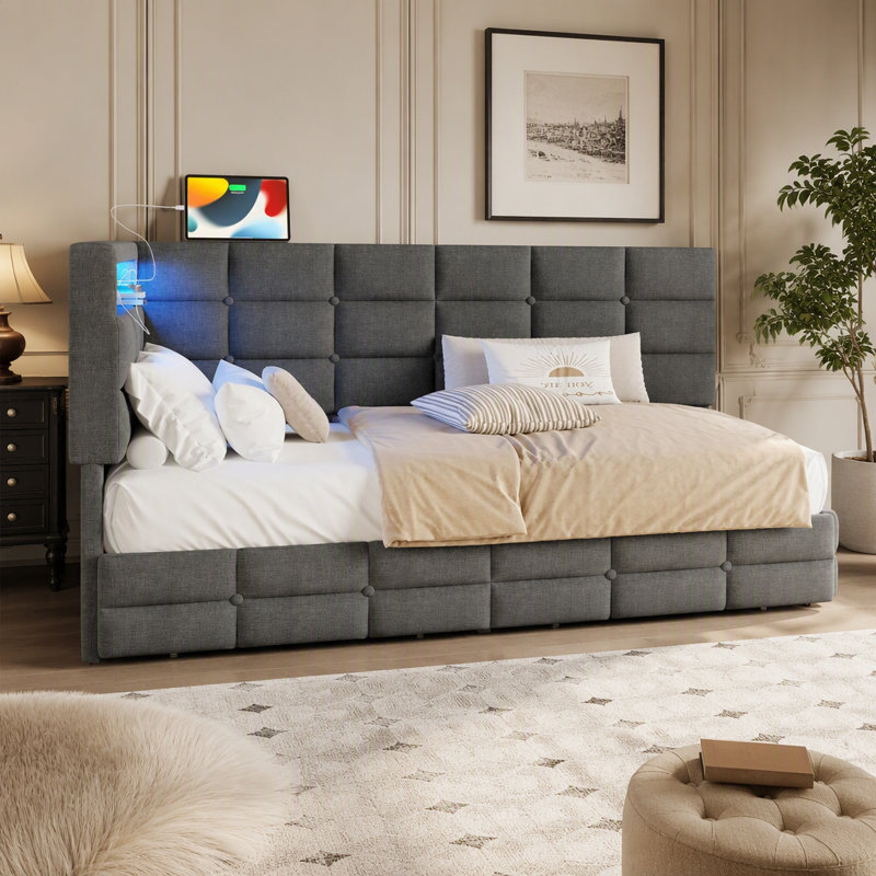 Upholstered Twin Size Daybed With Storage 2 Drawers And Charging Station, Day Bed Frame With LED Lights And Storage Headboard, No Box-Spring Needed
