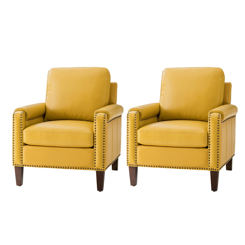 Fauteuil club transitionnel en cuir véritable l 31,5 po Paserella avec pieds en bois massif, Jaune