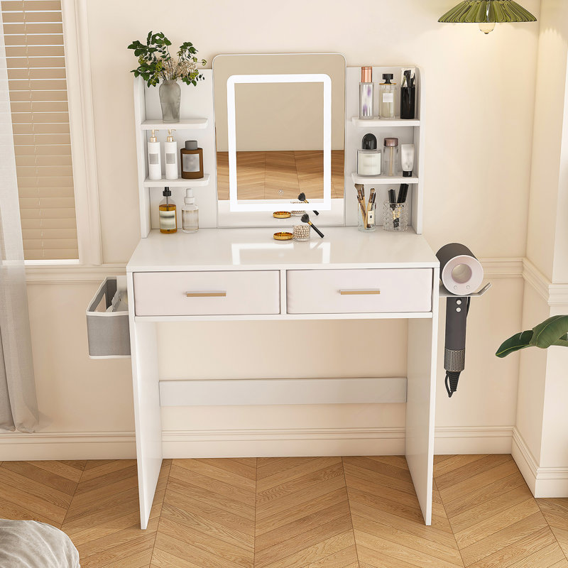 LED Mirror Vanity Dressing Table With Lights For Women & Girls - 3-Color Adjustable Light Strips, 2 Large Drawers, Hair Dryer Stand & Non-Woven Storage Bag, Makeup Desk Bedroom Furniture