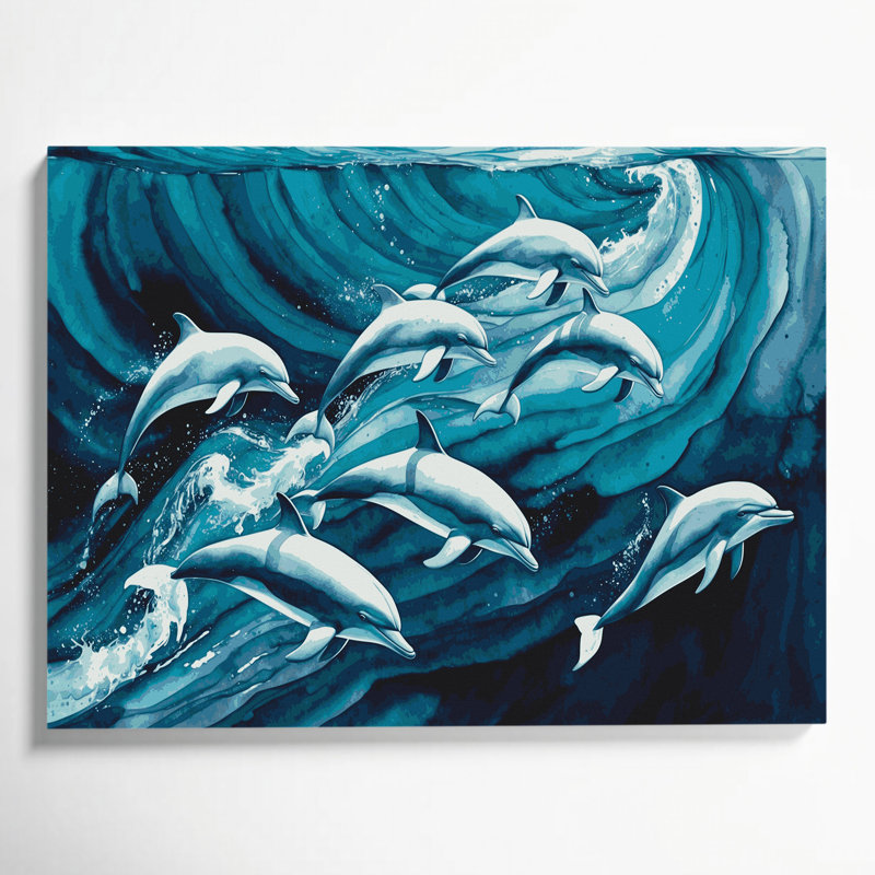 «Nautical Dolphins», art mural sur toile bleue, H 12 po x l 18 po