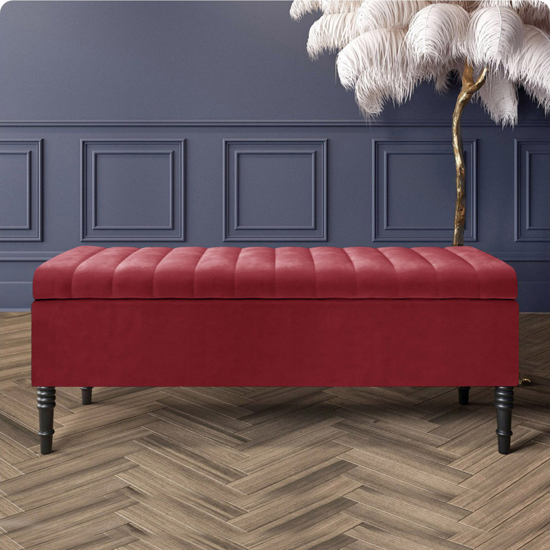 Paris Striped Ottoman Storage Bench - Upholstered Plush Velvet Shoes Bench with Black Turned Wooden Legs, Claret Red
