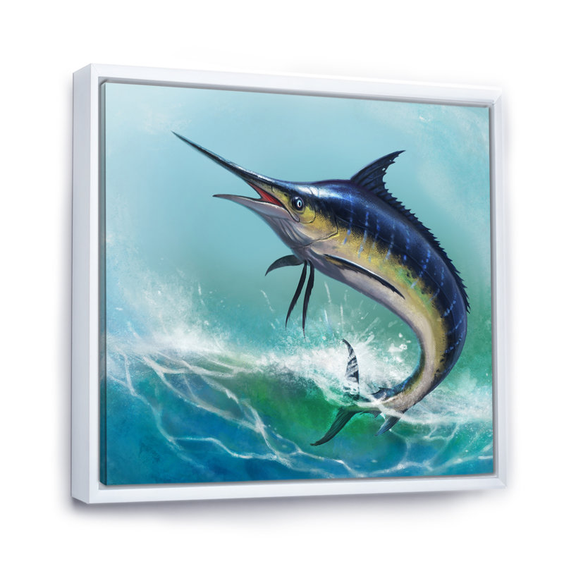 Marlin bleu dans l'océan - Peinture, H 30 po x l 30 po, Cadre flottant blanc