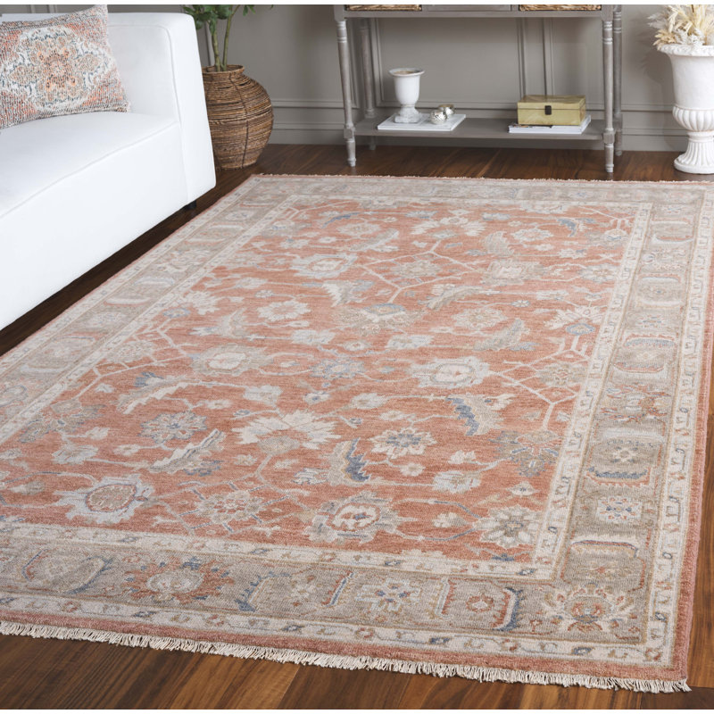 Tapis oriental en laine / coton noué à la main Oushak - orange / beige, Rectangle 6 po x 9 po