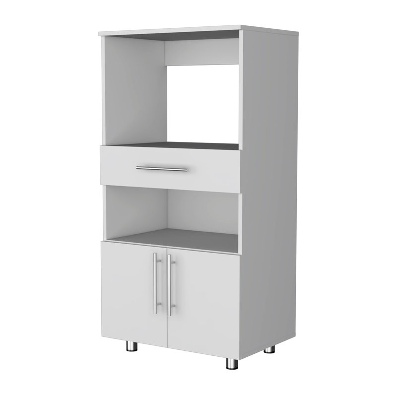 Élégant garde-manger blanc avec support à micro-ondes, avec tiroir et support de rangement généreux
