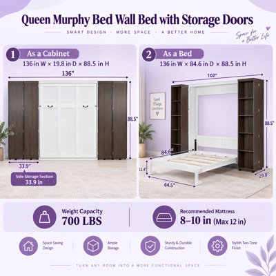 Lit escamotable Mariko Queen Size avec deux armoires de rangement latérales, système de levage hydraulique, portes d'armoire pliantes à ouverture par simple pression, construction compacte en MDF et LVL, capacité de charge de 318 kg (700 lb).