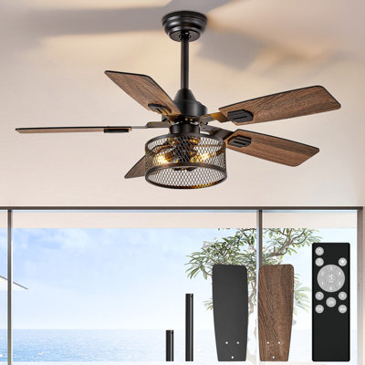 Ventilateur de plafond suspendu de 107 cm (42 pouces) à structure grillagée mince avec éclairage, double finition, 5 pales en noyer noir, style rustique avec télécommande pour une utilisation intérieure/extérieure de type ferme.