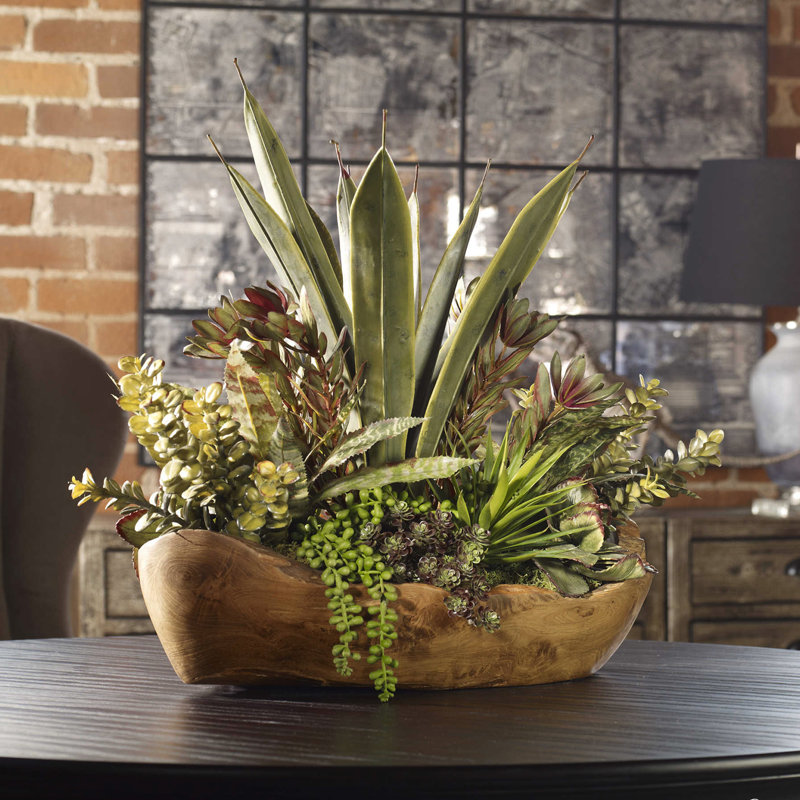 Salar 22'' Faux Succulent Arrangement in Teak Planter