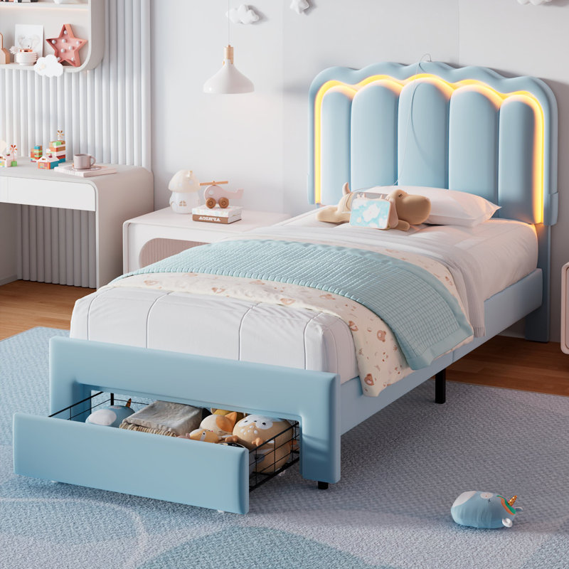 Daphne Velvet Upholstered LED Platform Bed Frame with Storage Drawers & Adjustable Wave Headboard, Kids Bed, Twin, Blue