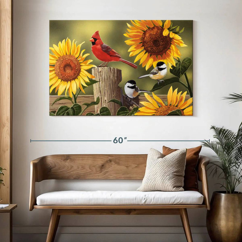 Tournesols Brampt et oiseaux chanteurs, H 32 po x l 48 po