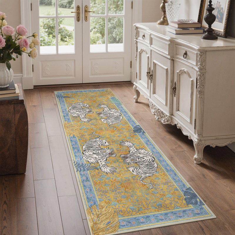 Teiarra Tigris Animal Print Machine Washable Clashing Tigers / Obsidian Moss Indoor Area Rug With Non-Slip Backing