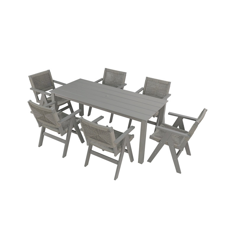 A Wooden-Textured Imitation Wood Dining Table, Simple Yet With A High Quality Feel. It Has A Small Tabletop And Is For Outdoor Picnics. Light Gray Color, 68.9 Inches Long.