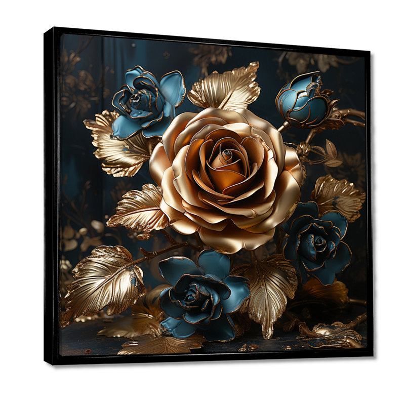 «Golden Rose», impression d'art mural «Roses», Toile avec cadre flottant noir, H 16 po x l 16 po x P 1 po