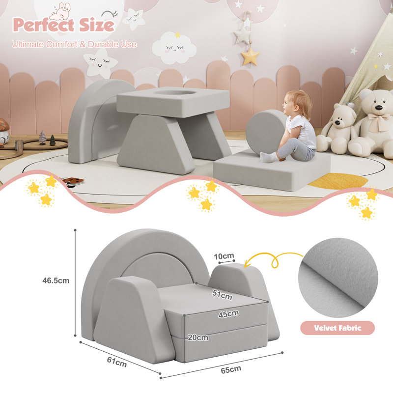 Modular Play Couch, Toddler Sofa, DIY Convertible Sofa with Soft Sponge Cushions, Grey