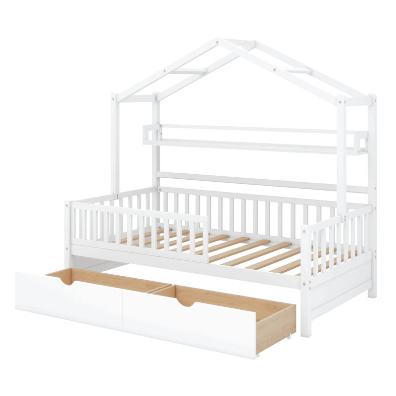 Lit de maison en bois avec deux tiroirs et une tablette de rangement pour un style fonctionnel, Lit simple