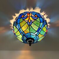 Tiffany Ceiling Lights Fixture Blue Green Stained Glass LED Bulbs Included 12" W*12" D*8" H 