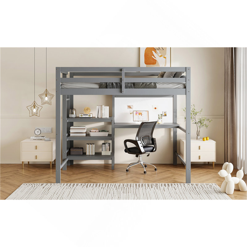 Lit mezzanine simple en bois avec tablettes, bureau et tableau d'écriture, Gris