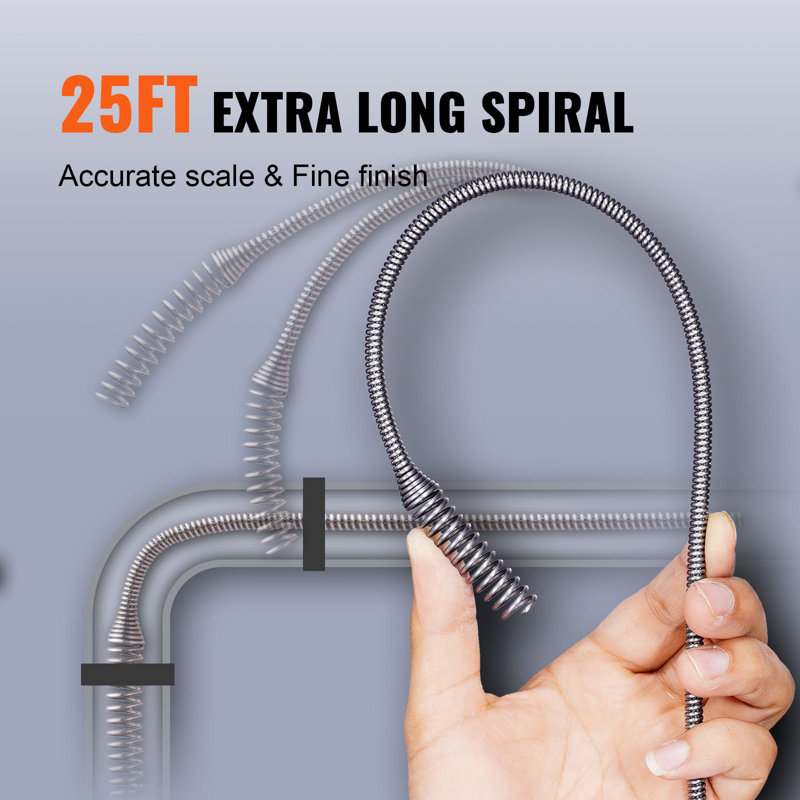 Drain Auger 25Ft, Plomberie Snake Alimentation automatique, Plumbers Snake avec accessoire de perceuse, Tuyau Snake Drain Clog Remover pour cuisine, lavabo de douche de salle de bain avec tuyau de protection et gants