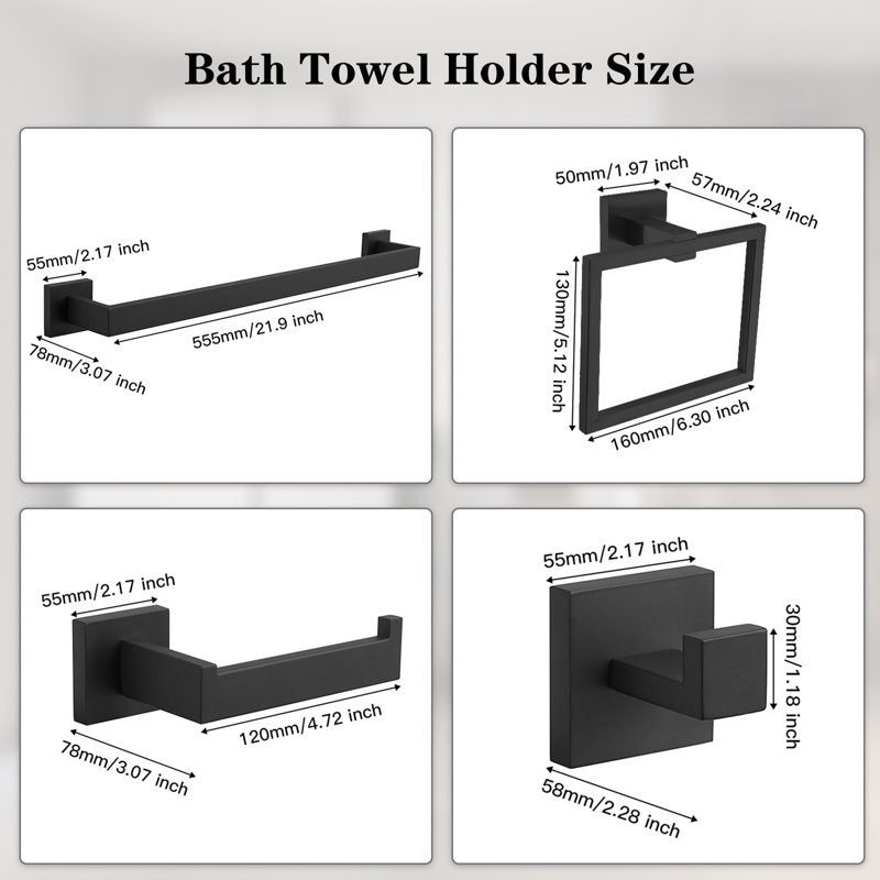 4-Piece Bath Hardware With Towel Bar For Bathroom Wall Towel Hook Toilet Paper Holder And Towel Ring Set, Matte Black