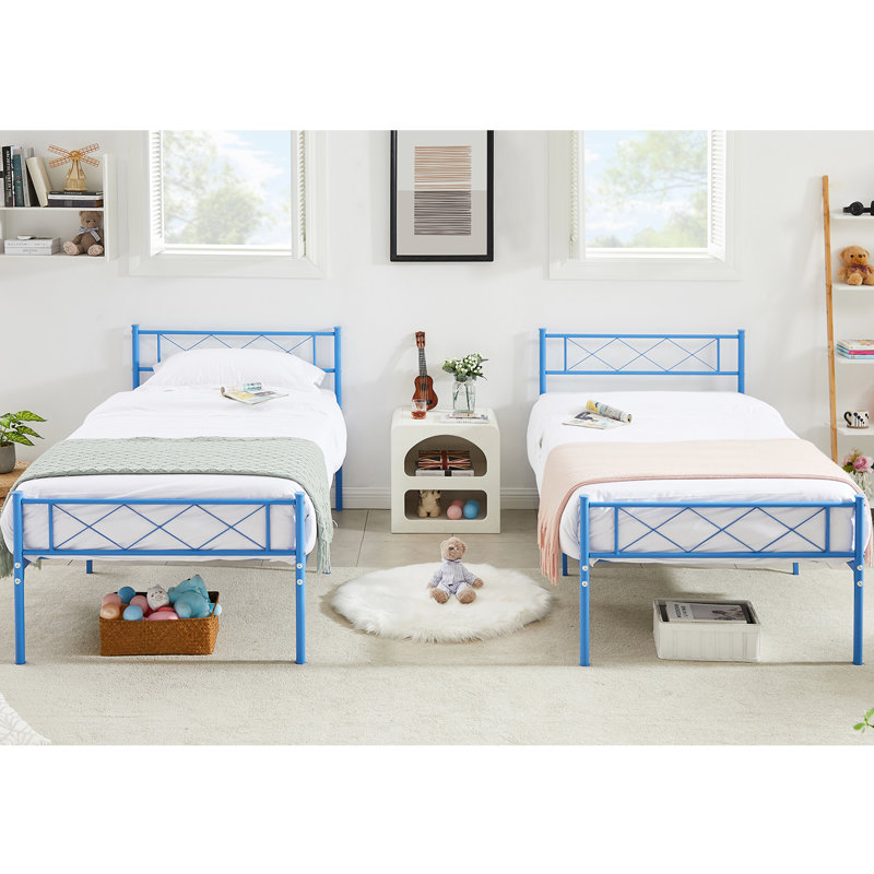 Ensemble de 2 cadres de lit avec tête de lit et pied de lit, ensemble de 2 lits plateforme en métal bleu avec support de lattes robuste, sommier sans bruit, aucun sommier nécessaire pour une chambre d'enfant, une chambre d'amis ou un dortoir