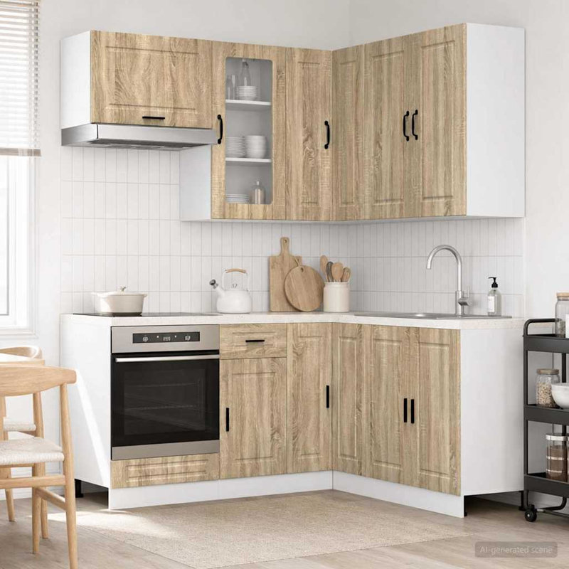 vidaXL Kitchen Unit with Drawer with Door PORTO 8 pcs Engineered Wood Cabinets, 81.5cm H x 175.5cm W x 155cm D, Sonoma Oak