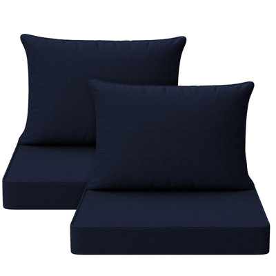  Ensemble de coussins d'extérieur bleu foncé de 2 coussins de siège et de dossier d'une profondeur de 24 po x 24 po, imperméables et résistants à la décoloration et amovibles.