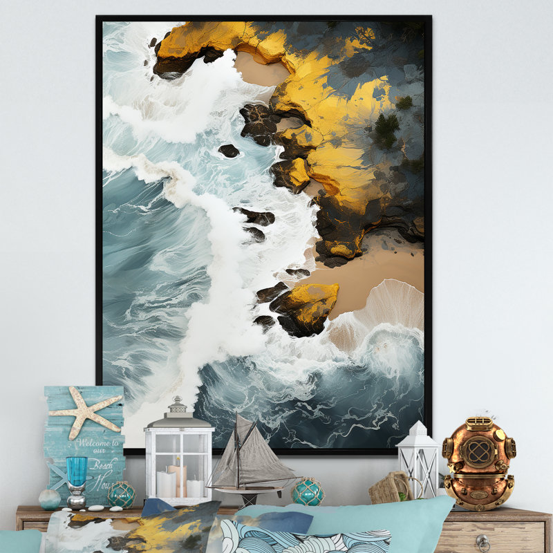 Sable tropical aérien - art mural plage, Cadre doré simple, H 40 po x l 30 po x P 1,5 po