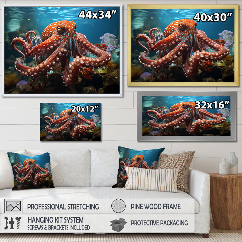 The Graceful Octopus - Décoration murale pieuvre, Cadre doré simple, H 30 po x l 40 po x P 1,5 po