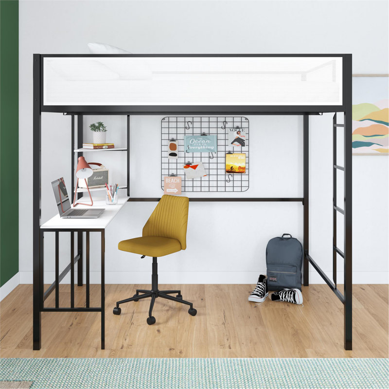 Lit mezzanine double avec bureau et tablettes, Lit double