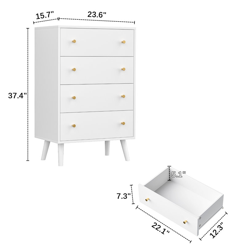 Modern White Tall Chest of Drawers with Gold Handles