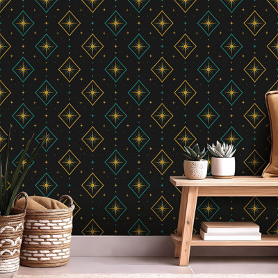 Mid Century Peel and Stick Wallpaper Contact Paper Retro Geometric Starburst Teal Diamonds Beige Stars Black Self Adhesive and Removable 24in x 118in(60x300cm)