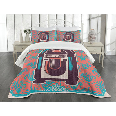 Ambesonne Paisley Bedspread Set Retro Music Box Party Dried Rose Turquoise