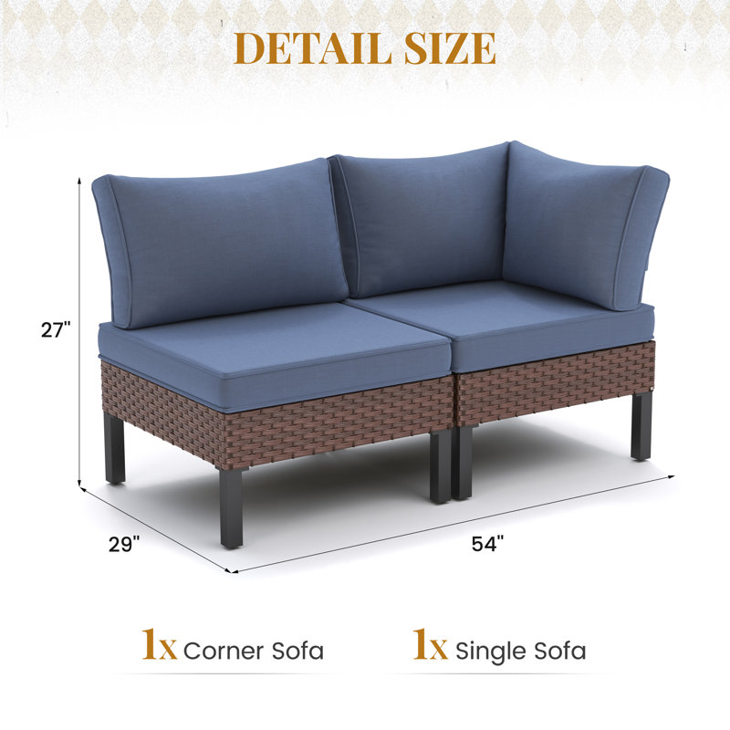 Outdoor Wicker Corner & Single Sofa Set With Cushions, Blue