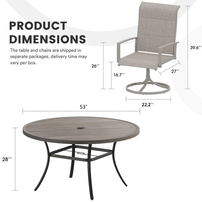 6-Person Outdoor Dining Set, Spacious Round Table with Swivel Chairs, Gray Woodlike/Cream