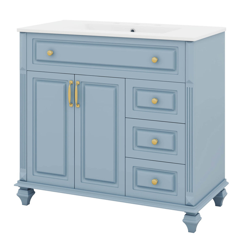 Armoire de salle de bain 36 po avec lavabo, tiroir basculant, portes, armoire en bois massif et panneau de fibres à densité moyenne avec tiroirs et tablette réglable