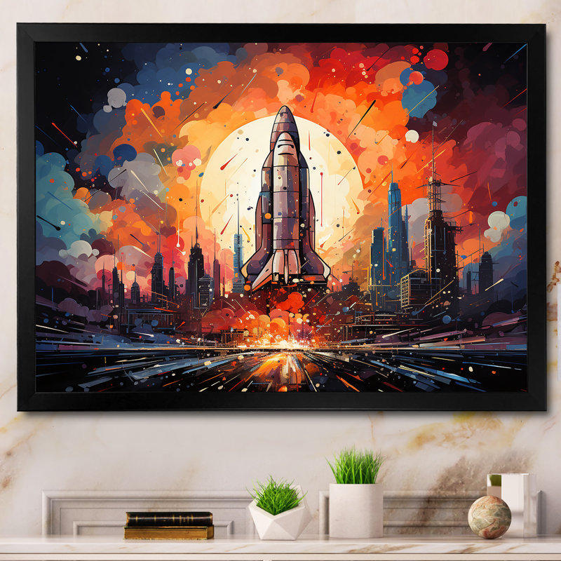 Expressionniste Navette Spatiale Burst I - Art mural de salon Rocketship, Cadre simple noir, H 12 po x l 20 po x P 1 po